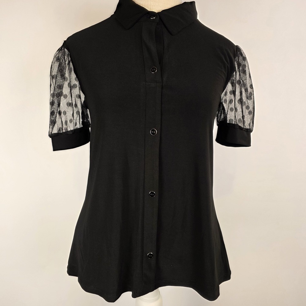 Adele & May Petite Black Button Front Top Polka Dot Mesh Puff Sleeve Blouse M‎
